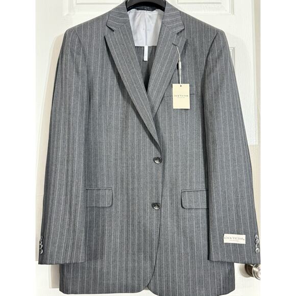 NWT Jack Victor Suit 43L Mens Grey Stripe Landon Super 110s Wool 2 Pc 37" Waist - Picture 1 of 6